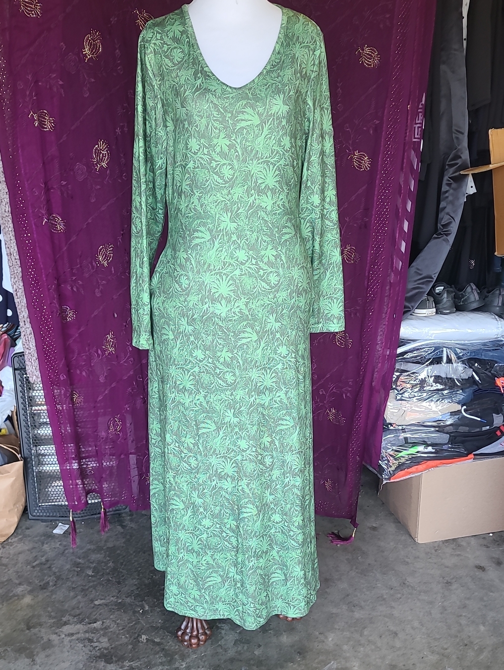 Scoop Neck Long Sleeve Green Printed Maxi Dress